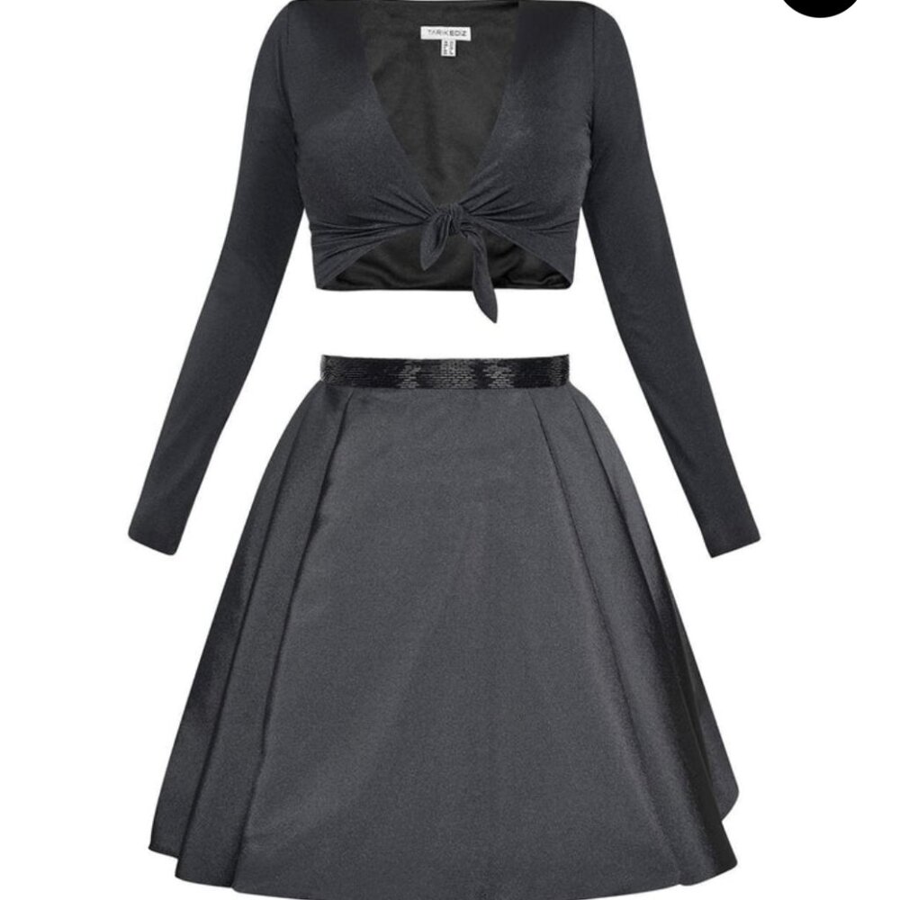 Tarik Ediz Women's Black Tie Front Top Long Sleeve Shirt/Skirt Quiet Luxury 6